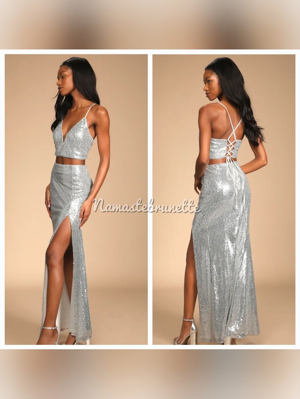 Nwt Lulu's Spotlights Shining Silver Sequin Two-Piece Maxi Dress
